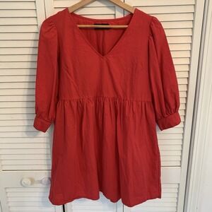 Pomander‎ Place Babydoll Mini Dress Puff 3/4 Sleeve 100% Cotton V-Neck S Coastal